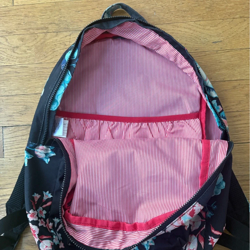 Herschel Backpack Black w/ Multicolor Floral Pattern Striped Lining Front Pocket